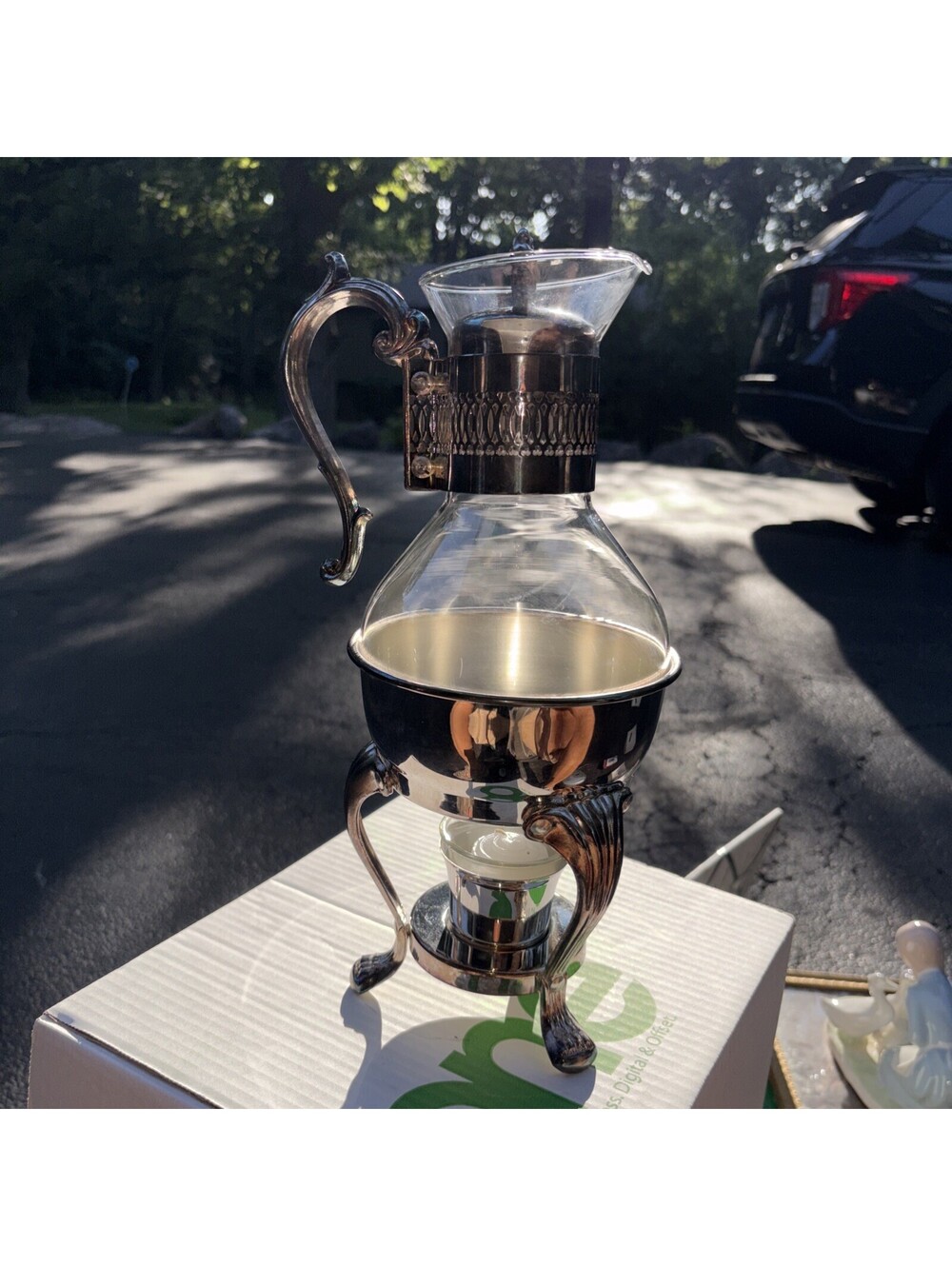 Vintage Silver Plate & Glass Coffee /Tea Carafe Pitcher with Warmer Stand - MCM